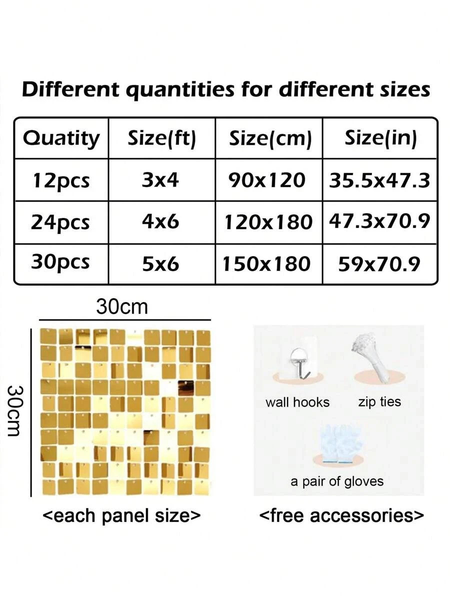 24/30pcs Shimmer Wall Backdrop Square Glitter Panels Birthday Wedding, Gold