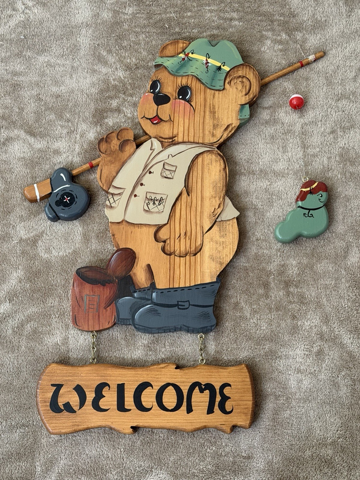 Handmade Solid Wood ”Gone Fishing Bear” Wall Hanging Outdoor Sport Cabin Cottage
