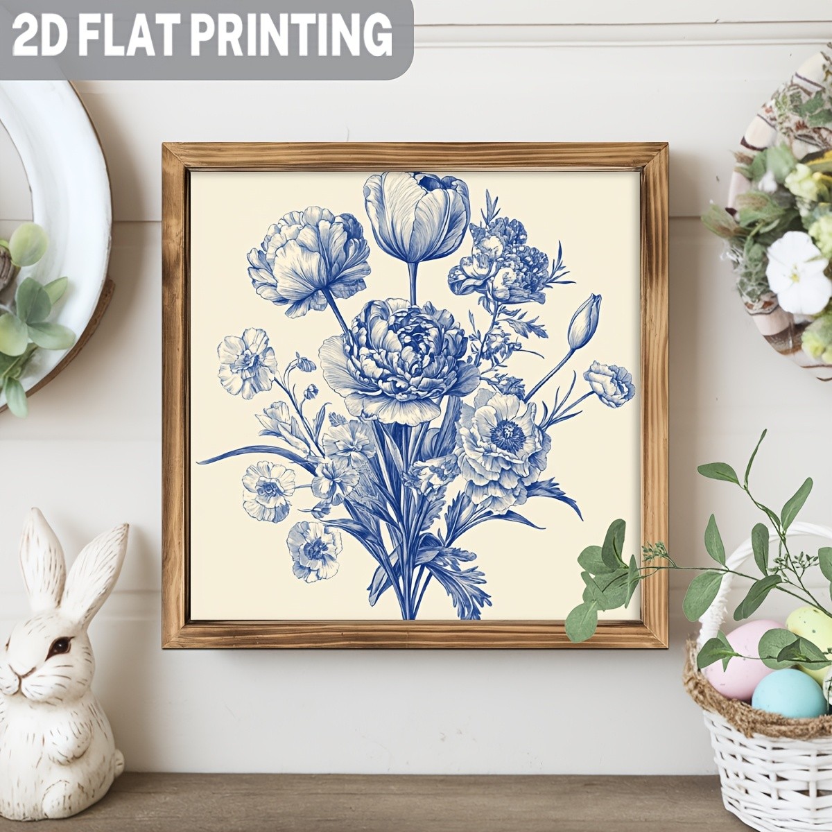 Vintage Blue Floral Bouquet Wooden Sign Rustic Farmhouse Decor for Bedroom Gift