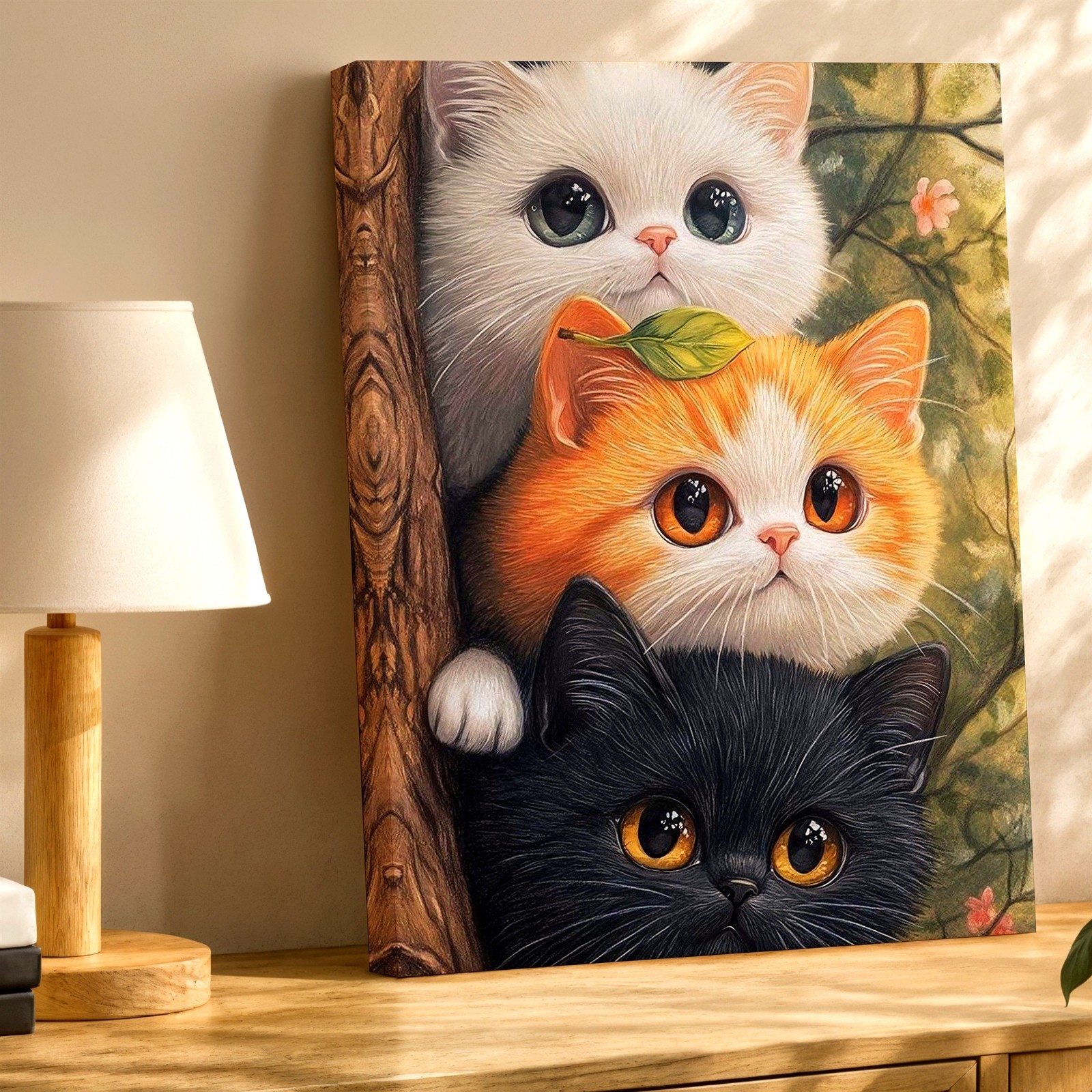 Wall Art Cute Three Cats in Tree Portrait Canvas Print Animal Nursery Decor
