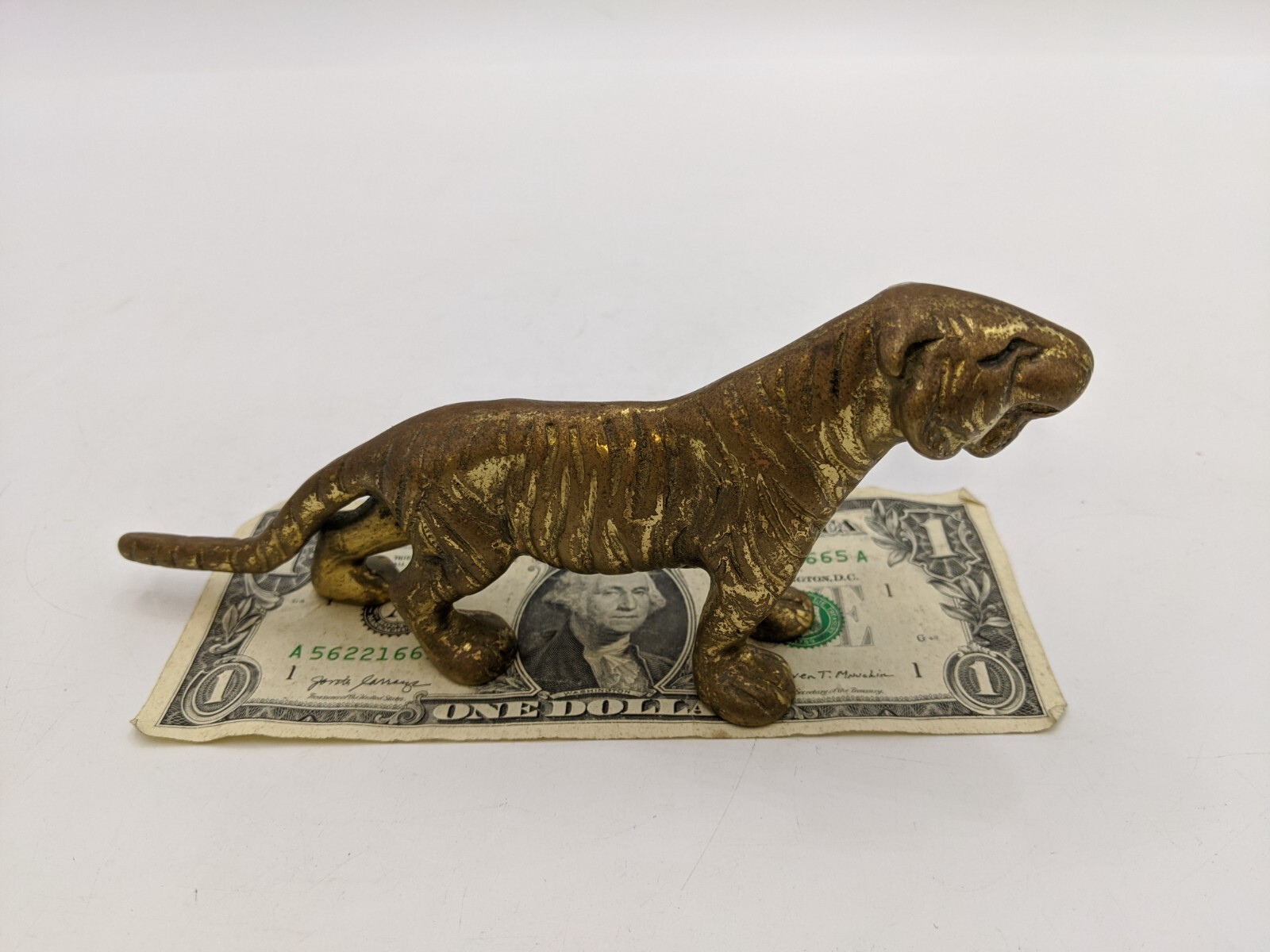 Solid Brass Striped Tiger Animal Statue Figurine Feng Shui 6-1/2″ Length