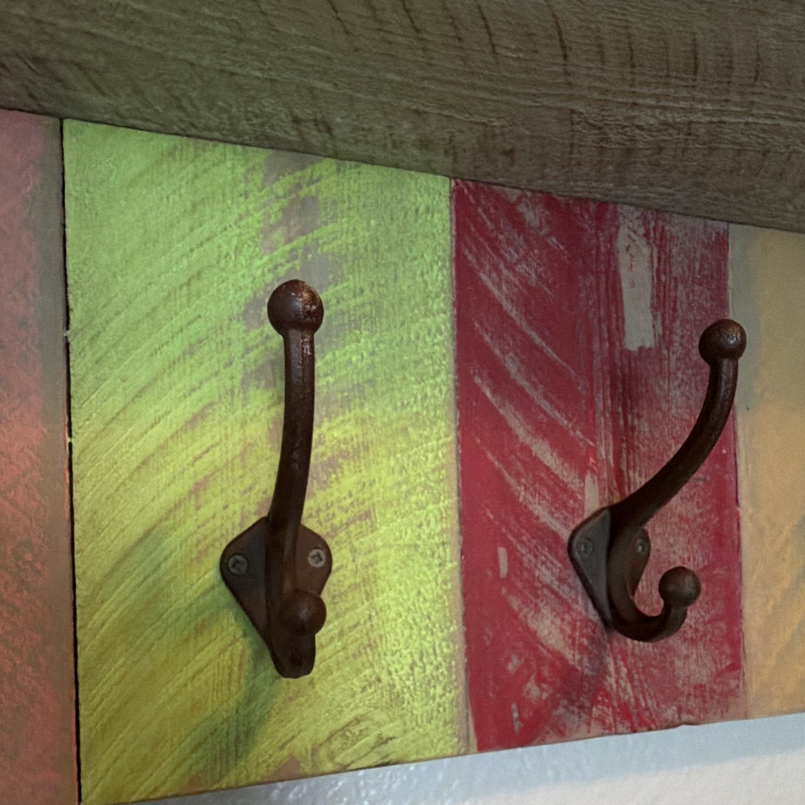 Rustic Colorful 29” Boho Shelf With 5 Cast Iron Coat Hooks
