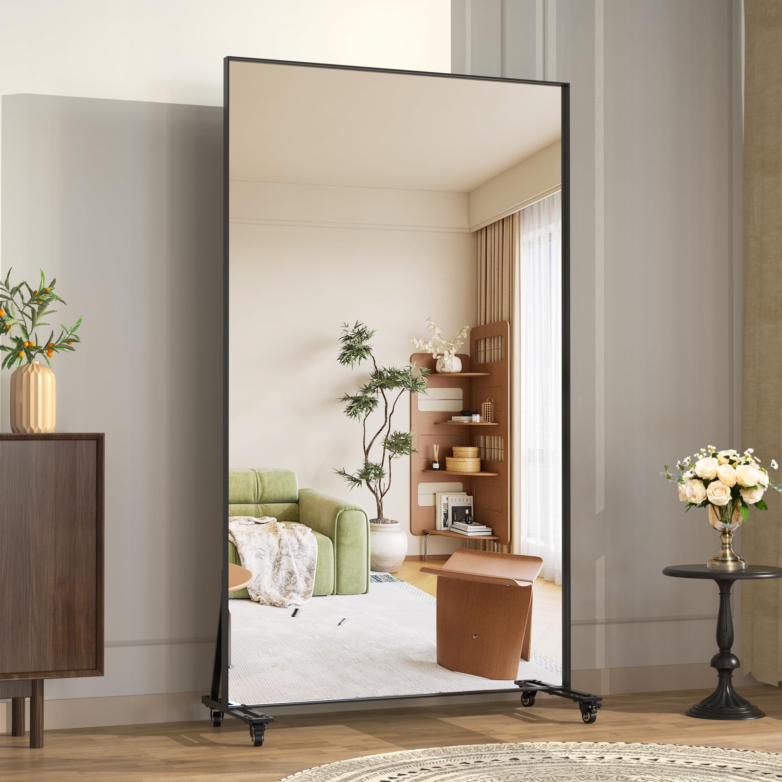 Full Length Mirror with Wheels, 360° Swivel Full Body Rolling Mirror, 39.7″*6…