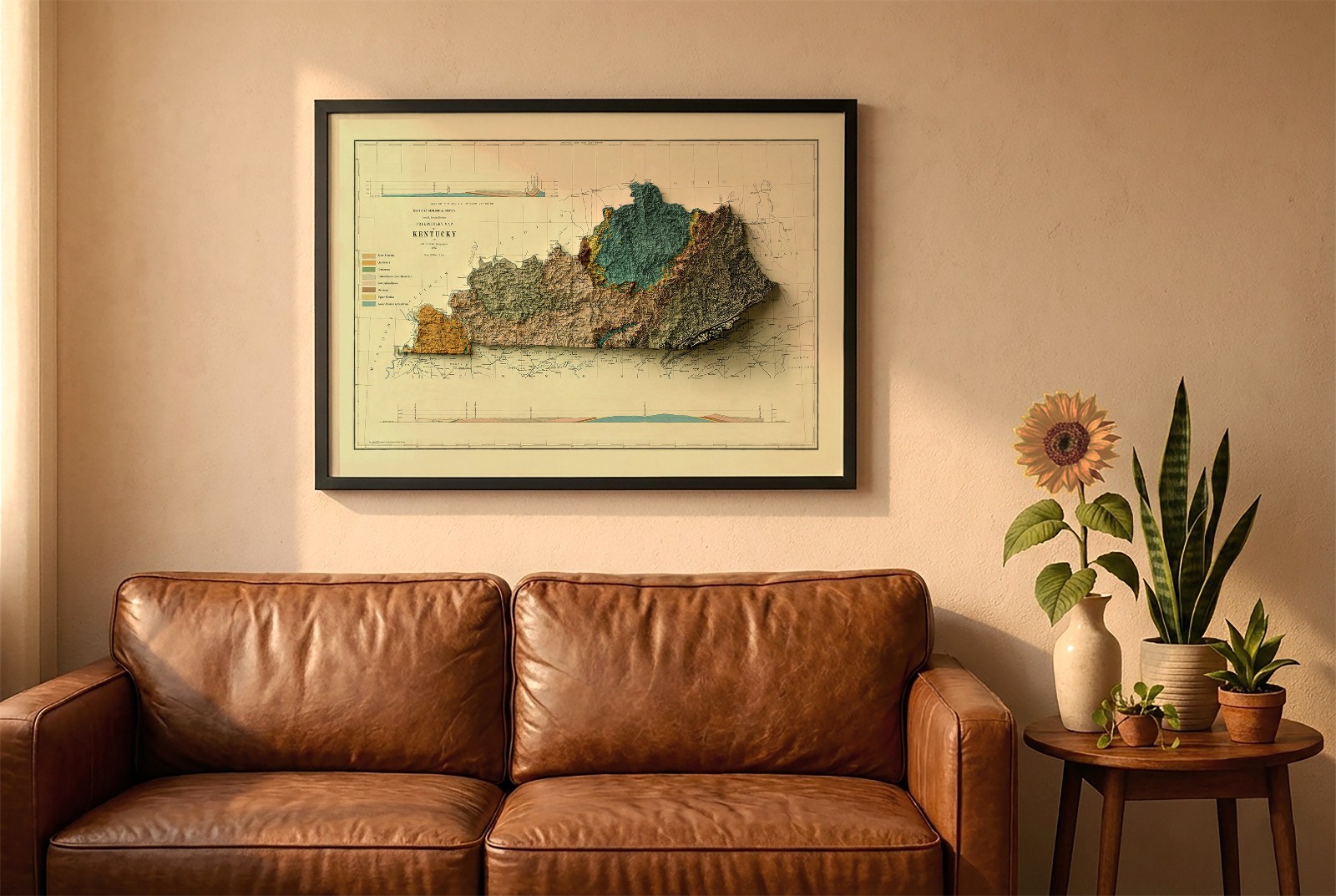 Kentucky Map, Kentucky 2D Relief Map, Kentucky Vintage Map – 2D Flat Print