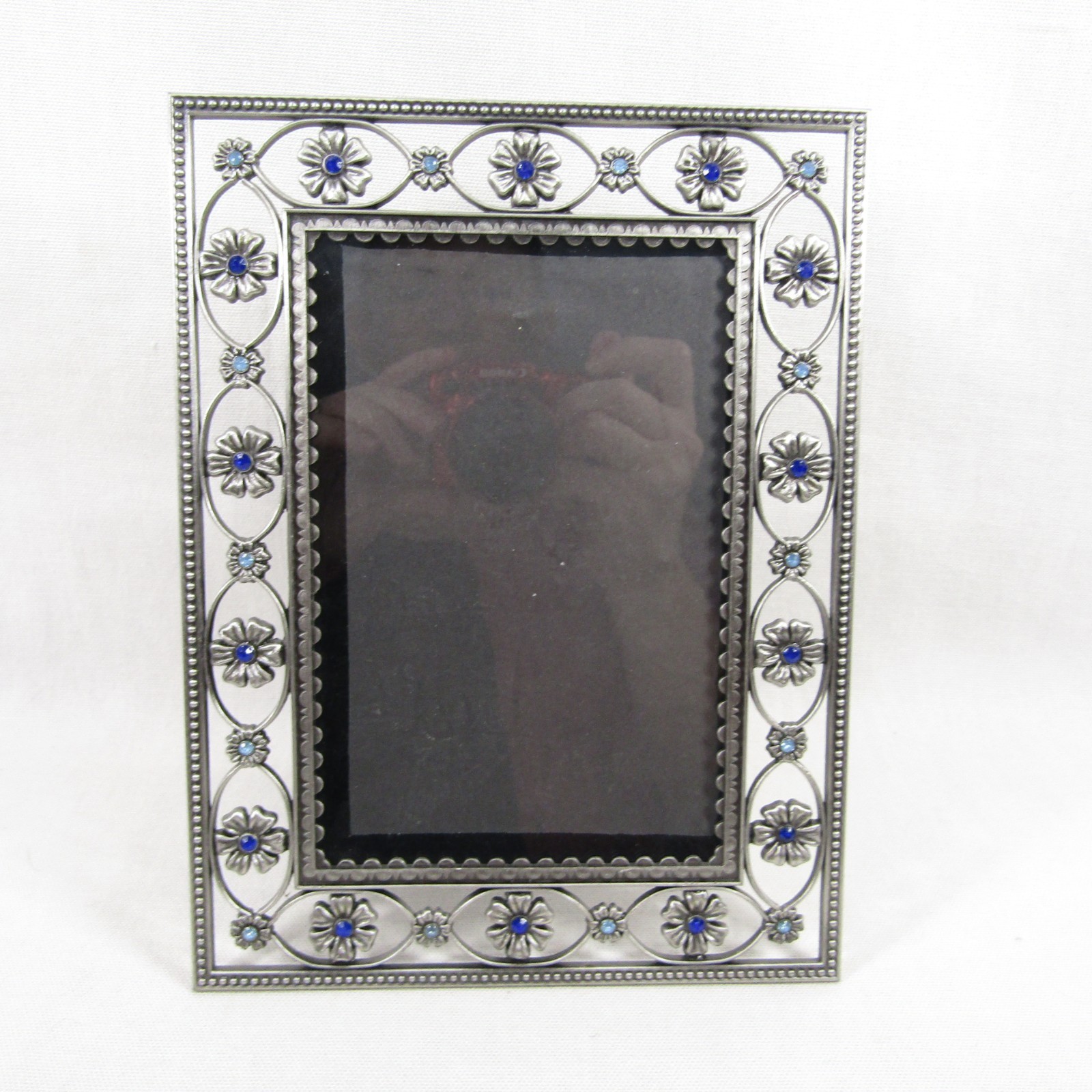 Blue Rhinestone Picture Frame Pewter-Tone Metal Floral Freestanding 4×6 photo