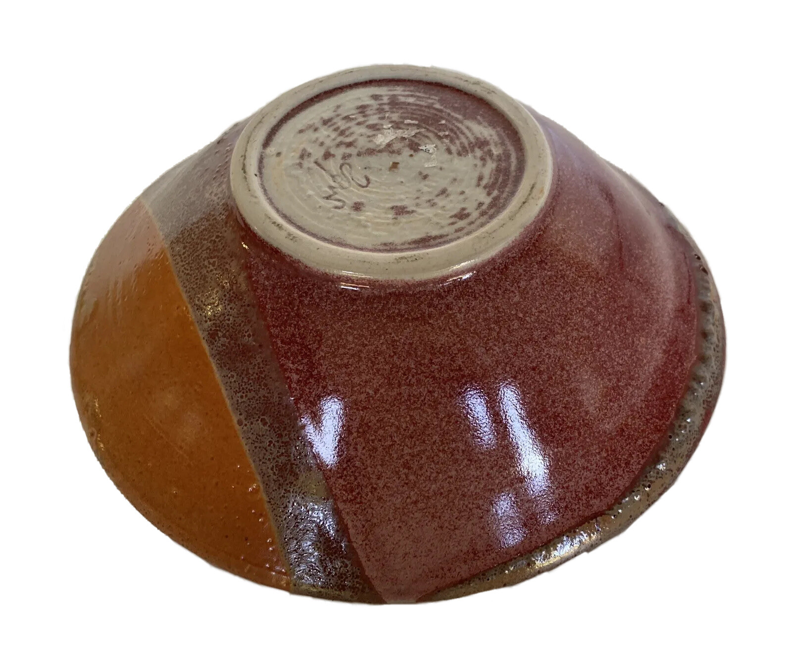 8-1/4″ Wide Studio Art Pottery Bowl Maroon & Brown, Signed JM8