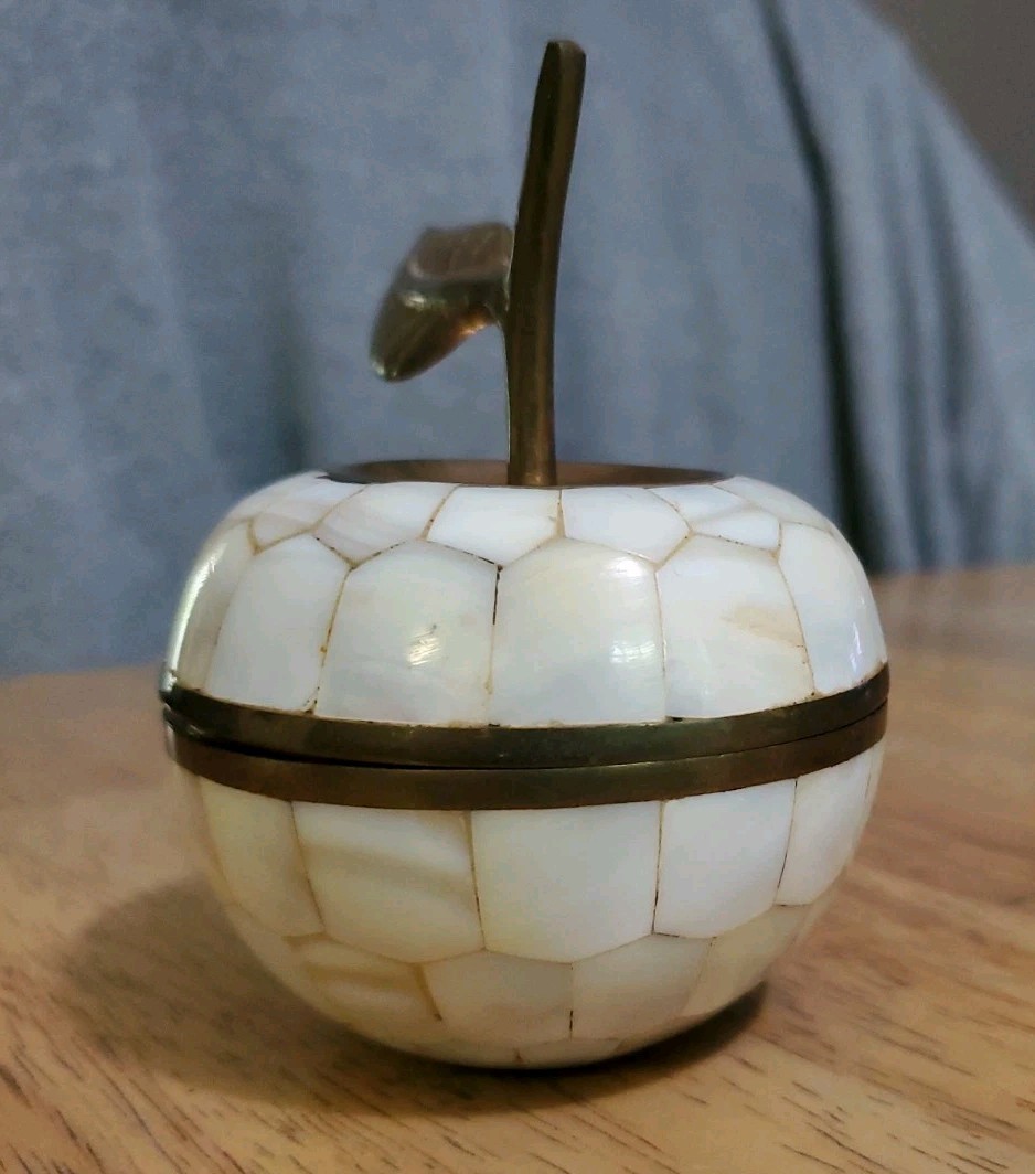 Vintage Apple Trinket Box Mother of Pearl Brass Inlay Gold White Trinket Decor