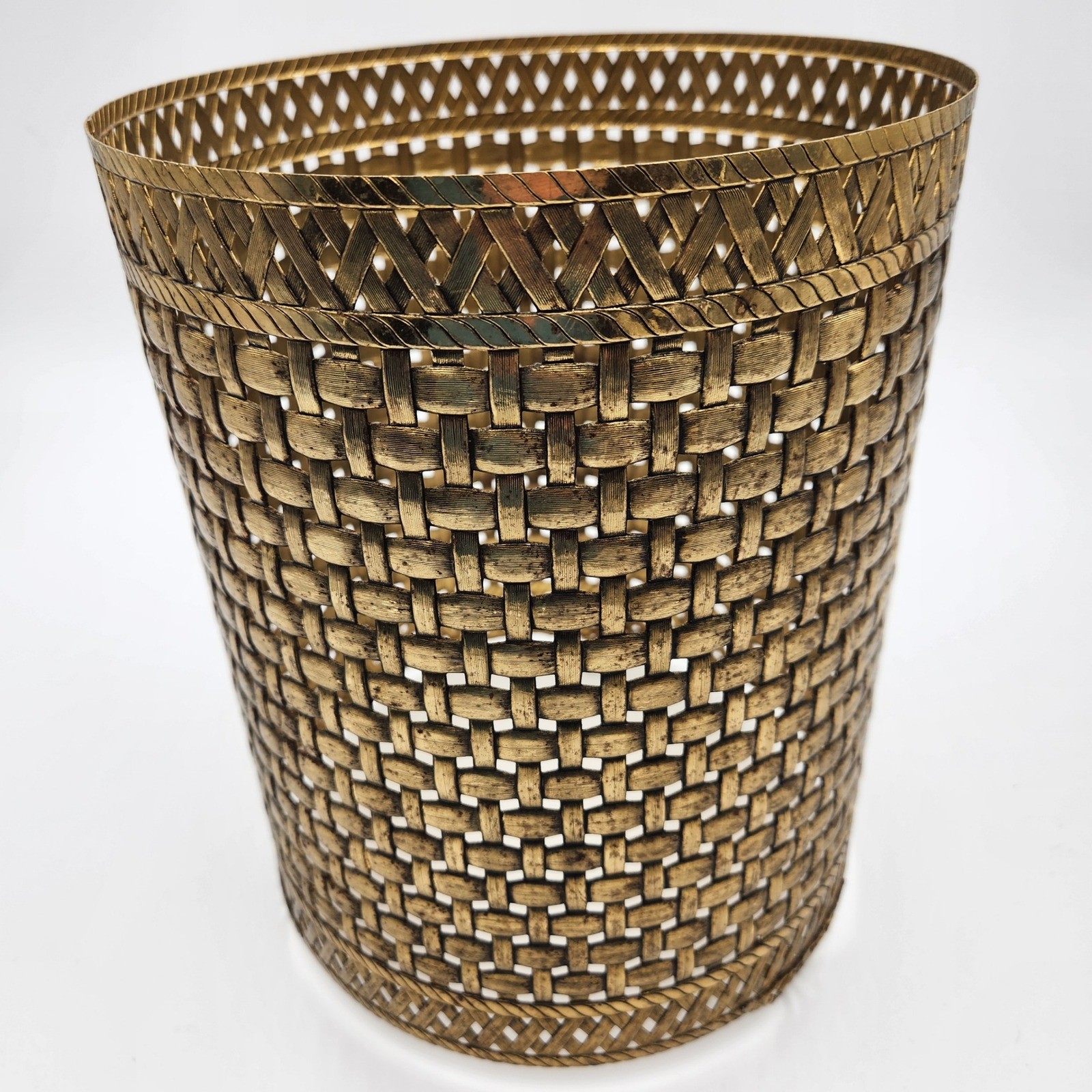 VTG Brass Metal Basket Weave Waste Bin Planter Hollywood Regency Lattice 10″ MCM