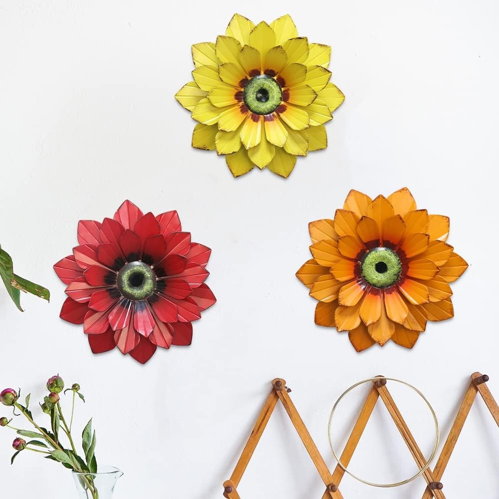 Metal Flower Wall Decor – 3 Pcs Outdoor Wall Art Backyard Decorations Spring