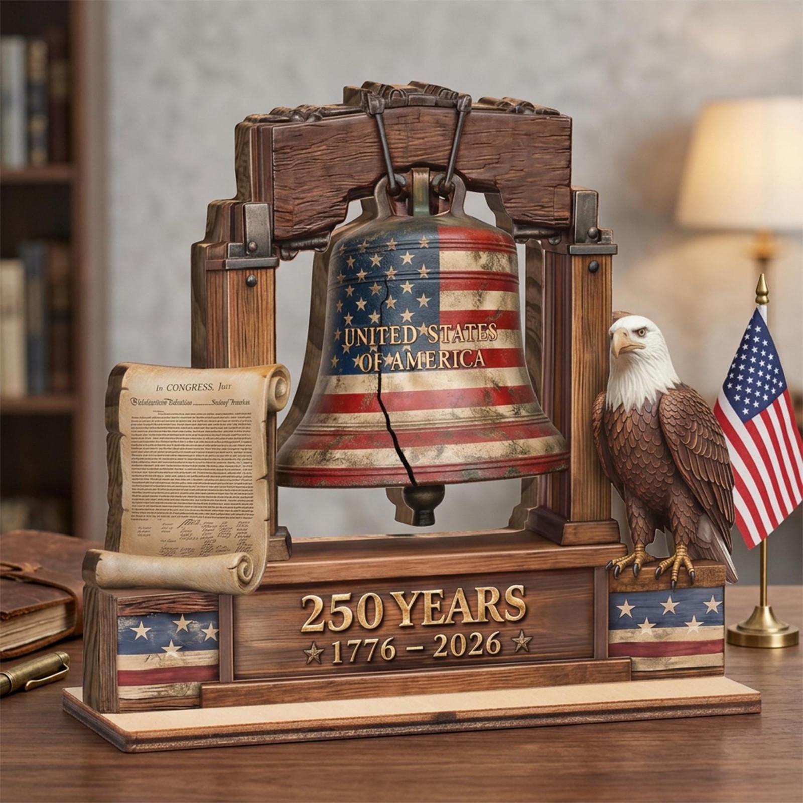 America 250th Anniversary Wooden Display, Patriotic Eagle Liberty Bell Decor