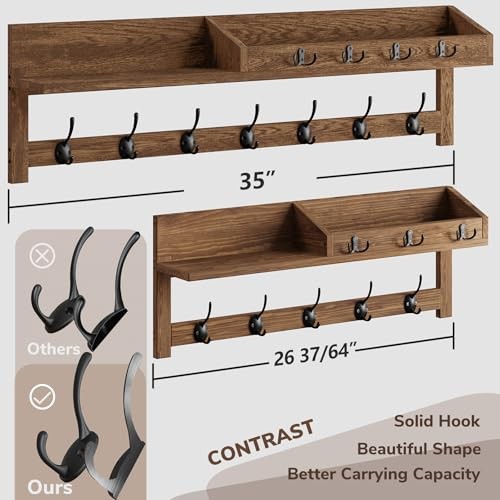 Coat Rack Wall Mount, 35 inch Large Wall Hooks with Shelf, 35″ L Brown