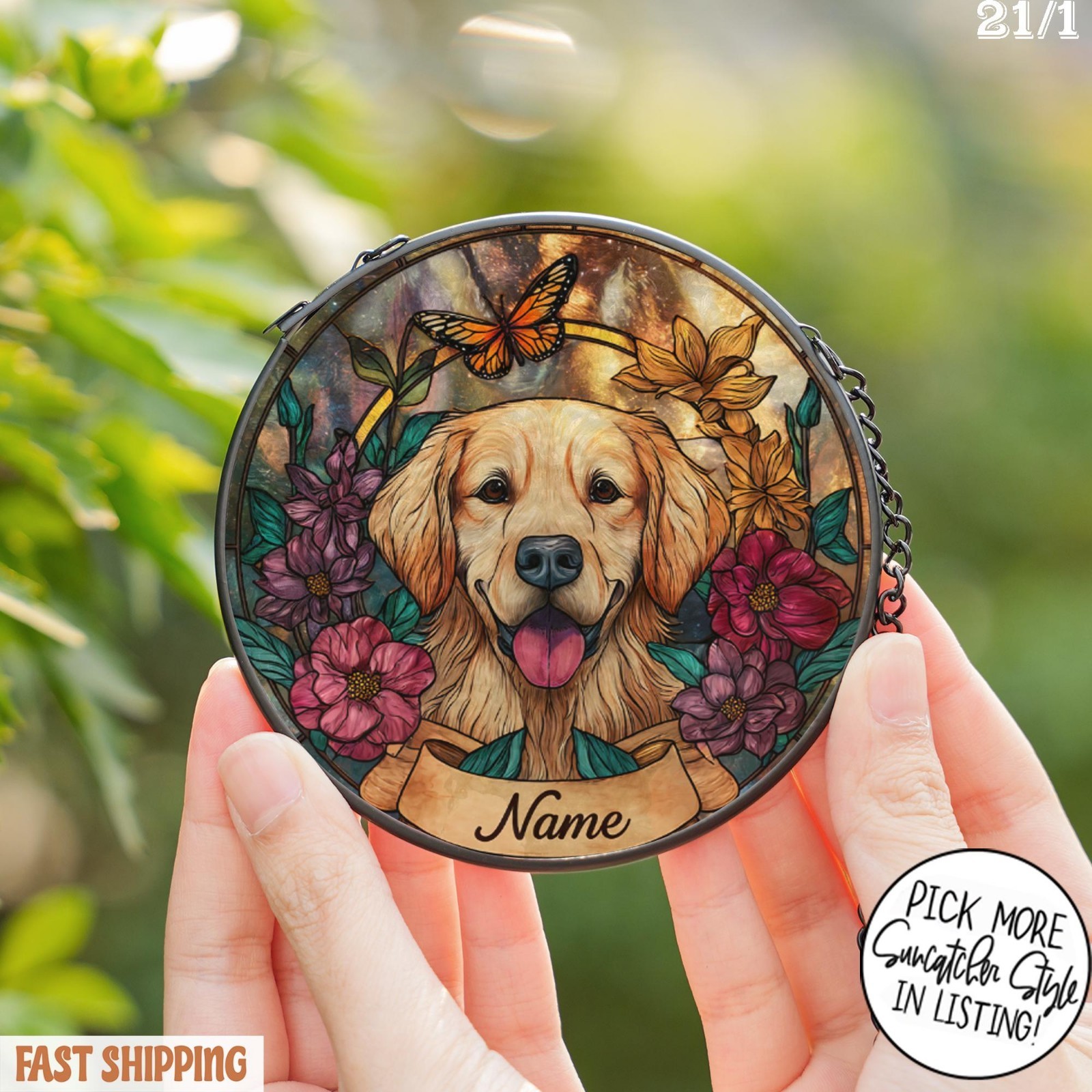 Personalized Dog Portrait Glass Suncatcher, Custom Pet Memorial Stained Glass