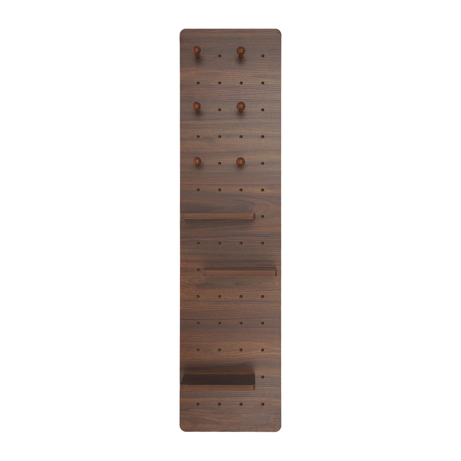 Wall-Mounted Full-Length Mirror with Pegboard, 3 Shelves & 6 Hooks Walnut
