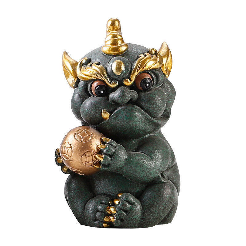 A Pair of Green Sand Stone Auspicious Pixiu Tea Pet Statue Desktop Decoration