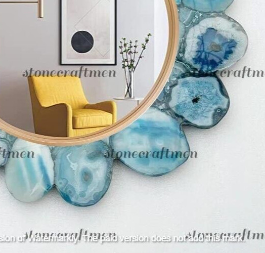 Blue Agate Stone Round Wall Mirror, Blue Agate Stone Wall Hanging Mirror Decor