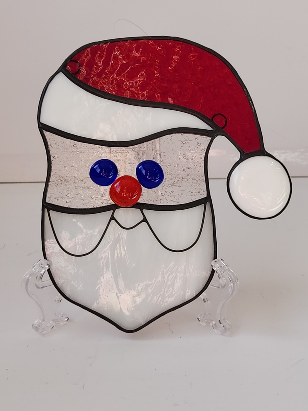 Vintage Santa Face Stained Glass Red Hat Christmas 5×6″ Inches Handmade Quality
