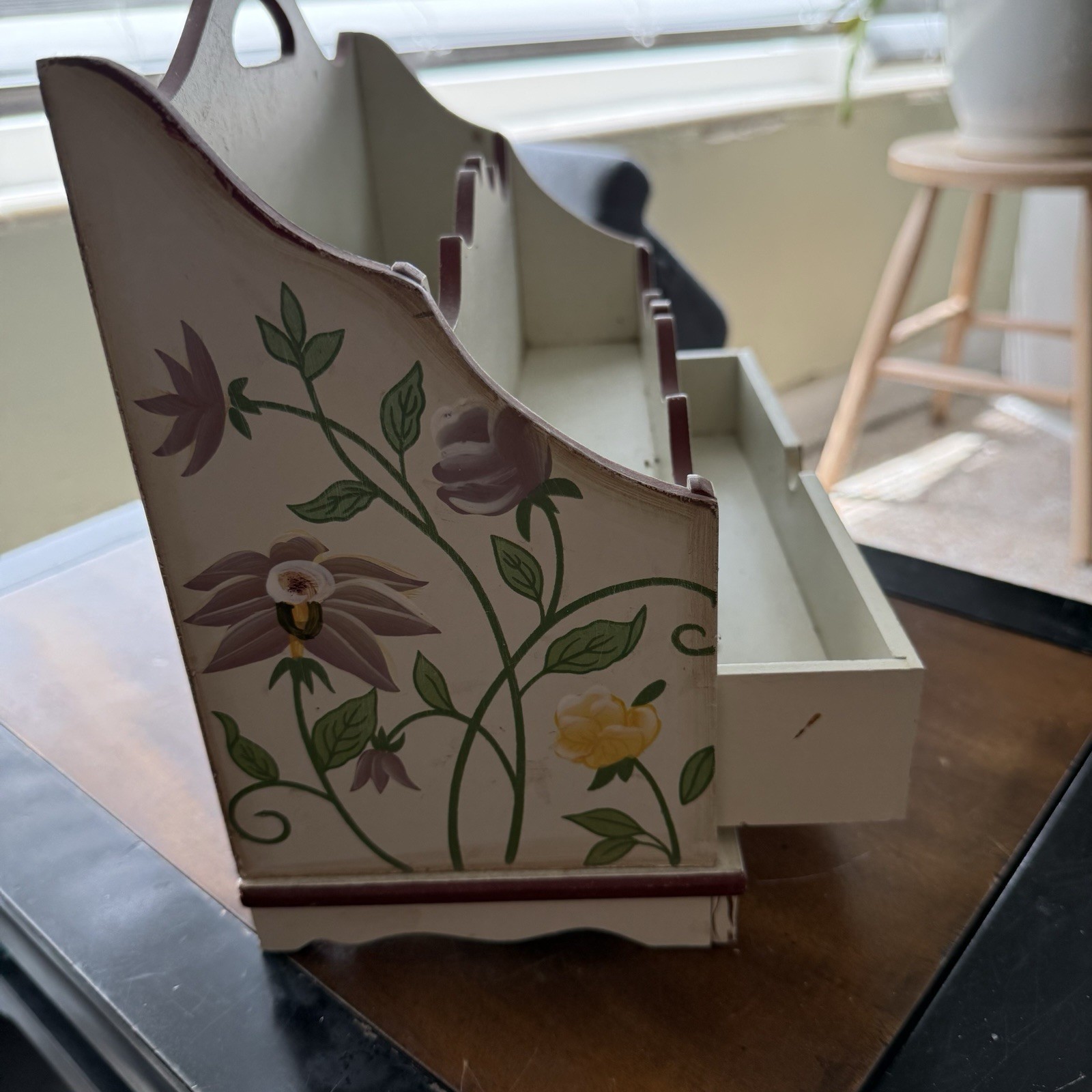 Vtg Wooden Letter Holder Painted Flowers Drawer2 Slots Organizer Cottagecore
