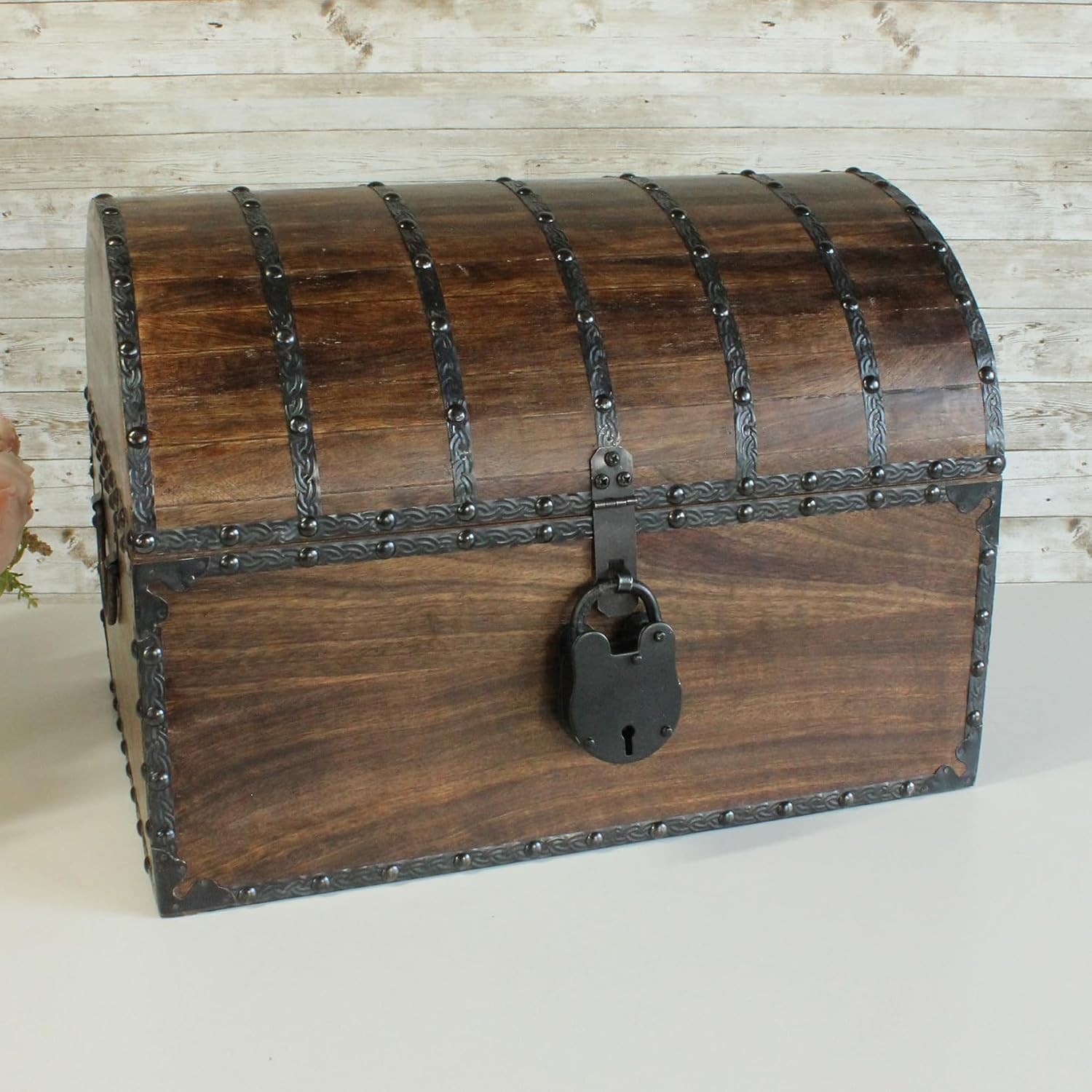 Nautical Cove Wood Treasure Chest w/ Rivets, Iron Straps, Lock & Skeleton Keys