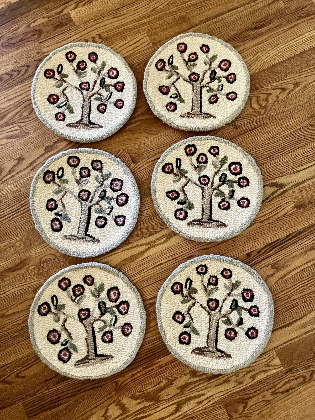 2001 Laura Megroz Woven Round Chair Pads Wool Hook Rug “Tree Of Life” 14”