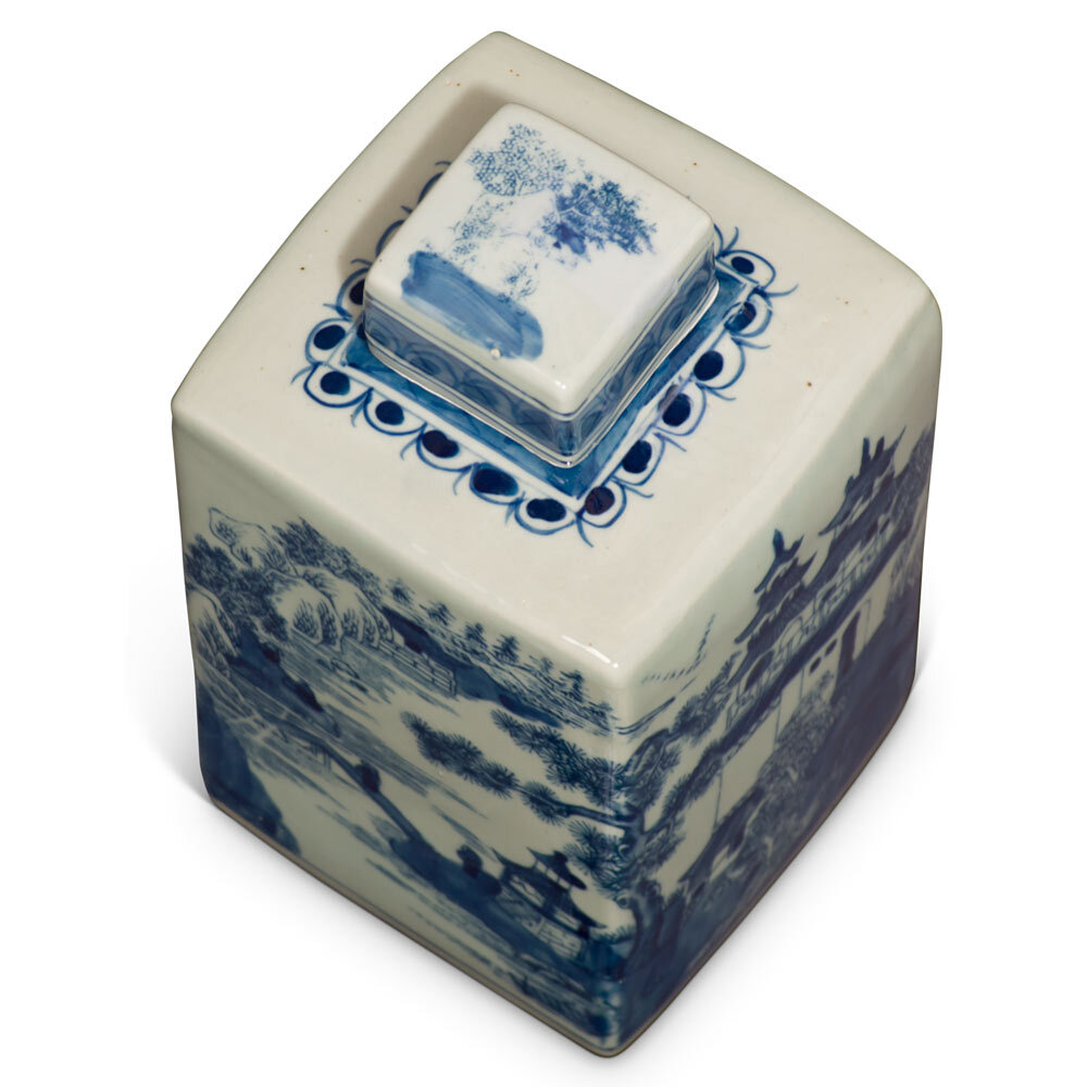 US SELLER – Blue and White Porcelain Chinese Tea Jar with Pagoda Scenery Motif