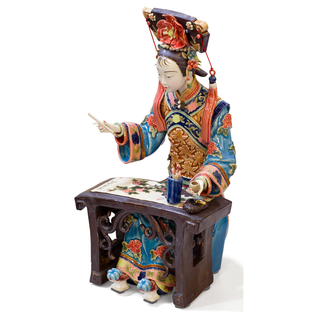 US Seller – Chinese Porcelain Figurine, Lady Painting Calligraphy