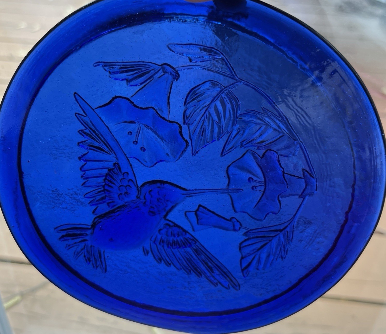 Pressed Art Glass Cobalt Hummingbird Suncatcher Ornament 6inches
