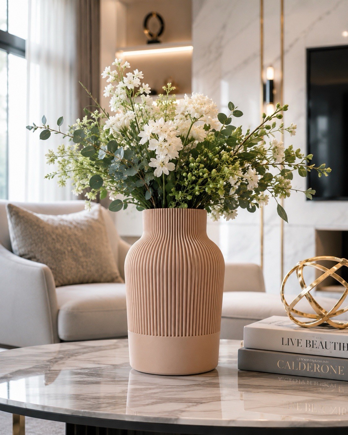 Minimalist Ribbed Vase 3D Printed Modern Home Decor Beige Vase 9” Art Deco