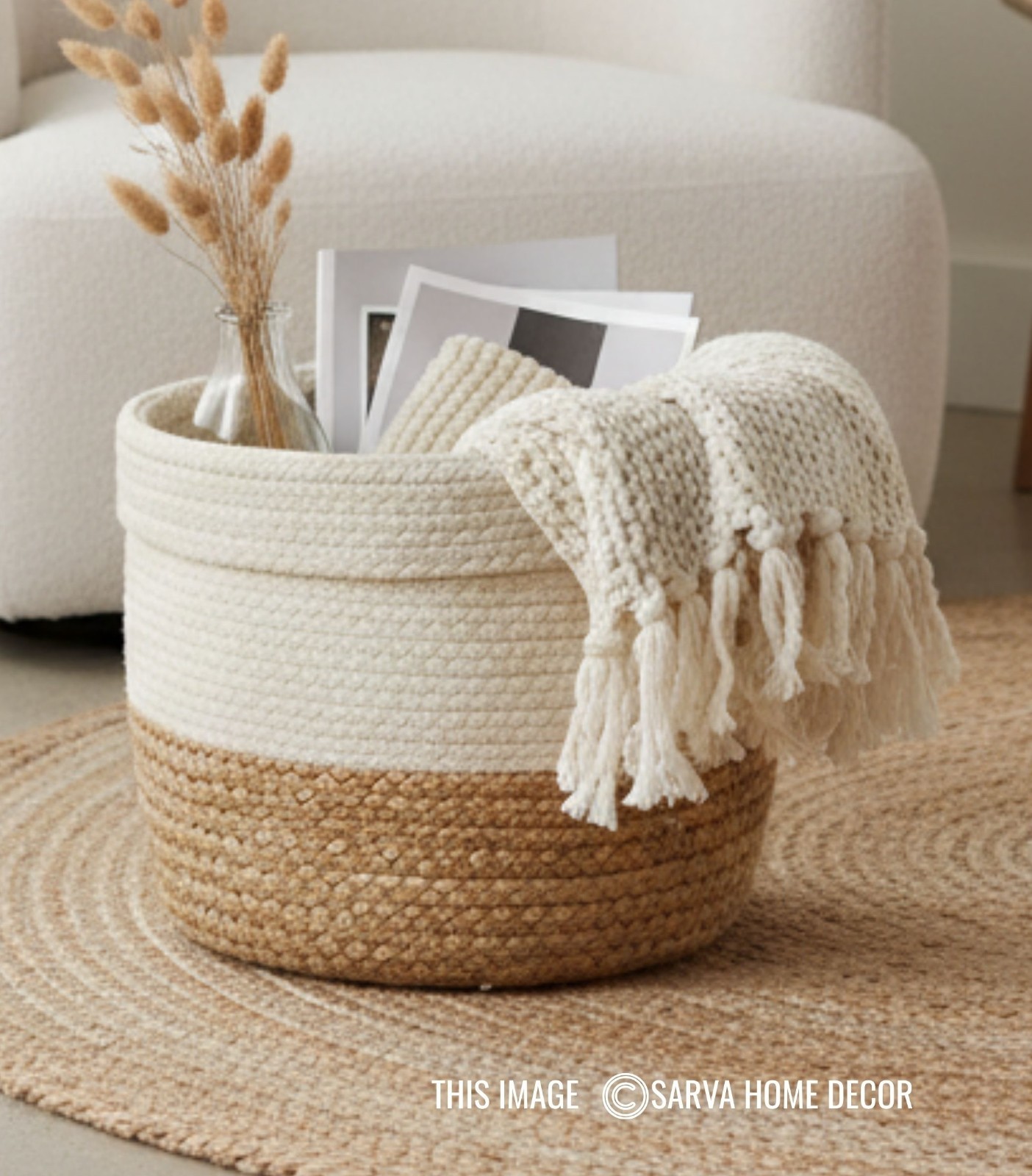 Handmade Jute & Cotton Storage Basket Natural Woven bathroom, kids Home Decor