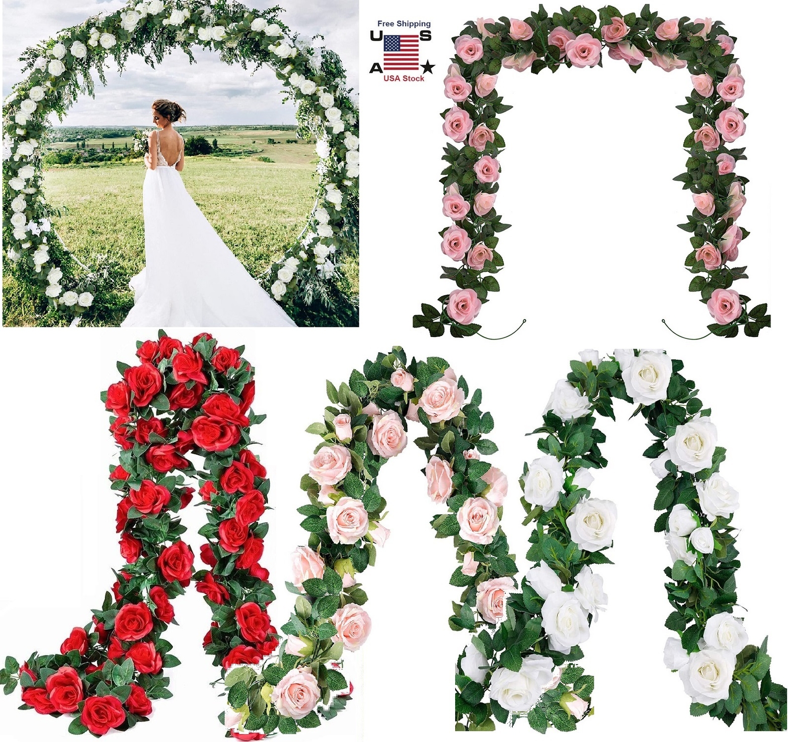 6× Fake Rose Vine Flowers Plants Artificial Hanging Ivy Wedding Decor 7.5 Ft USA