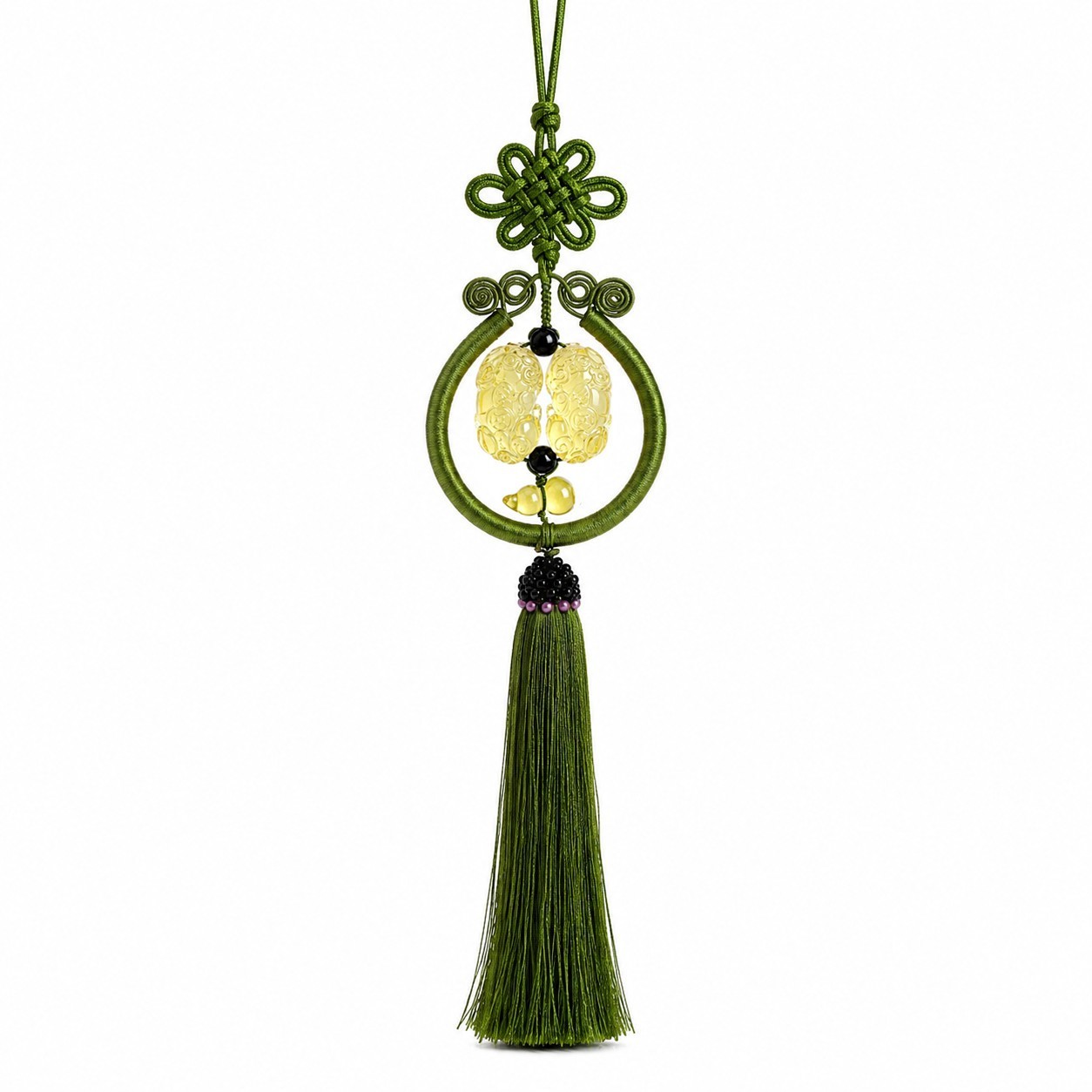 Handmade Chinese Pixiu Hanging Ornament Green Tassel Feng Shui Car Home Decor