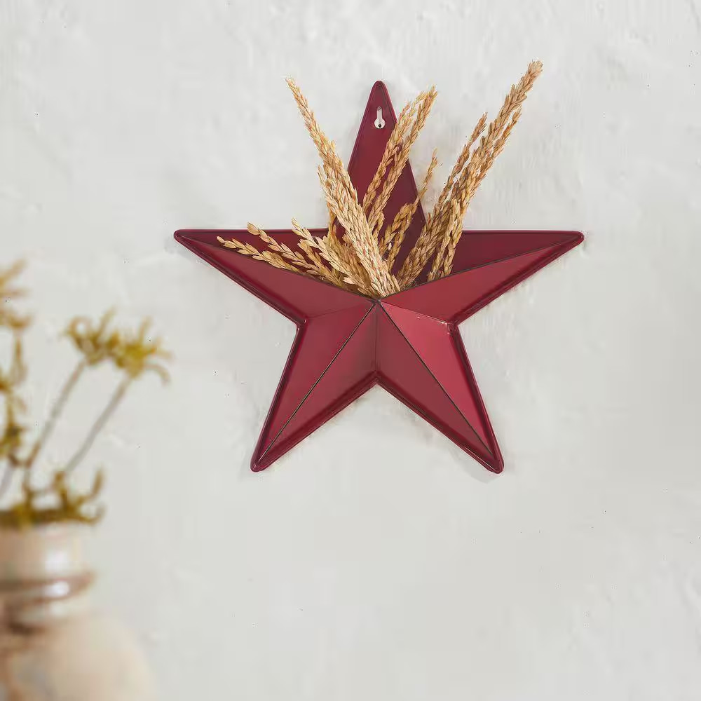 1-Piece 12 In. X 12 In. Red Distressed Metal Star with Pocket Wall Decor