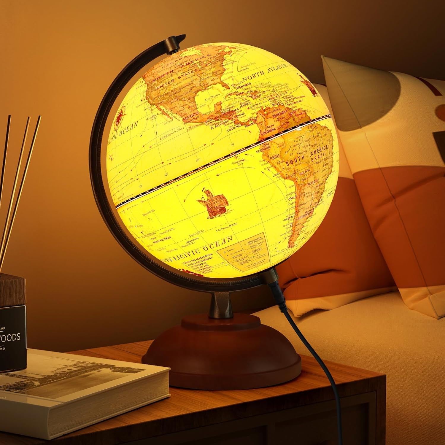 Illuminated World Globe with Wood Stand, 8” Vintage Globes for Adults, Light Up
