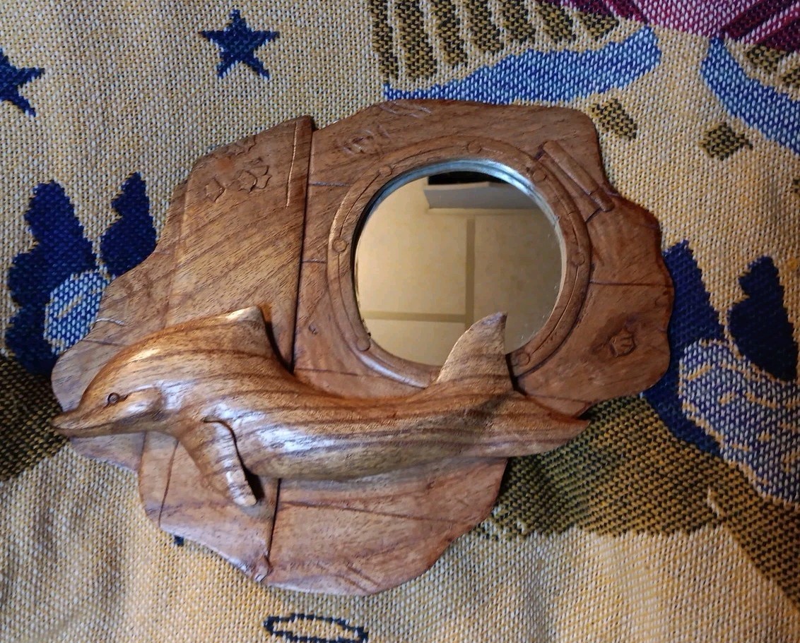 Vintage Folk Art Wood Dolphin Mirror Fun Ocean Salt Life Decor Sculpture Carving