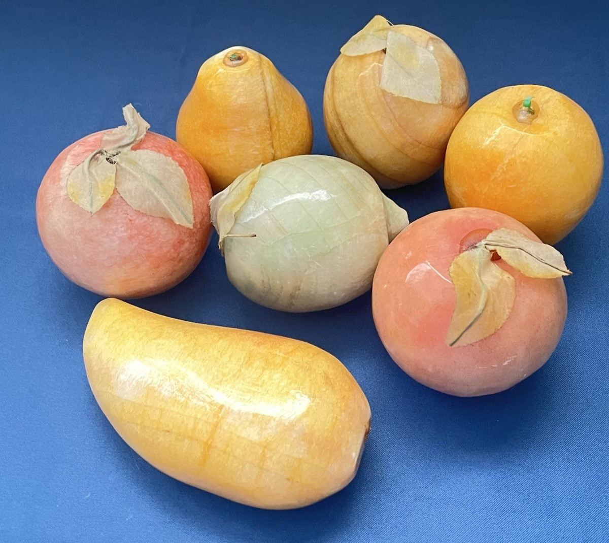 Vintage Alabaster Fruit Marble Stone Decorative Set of 7 Papaya Apple Lime Pear