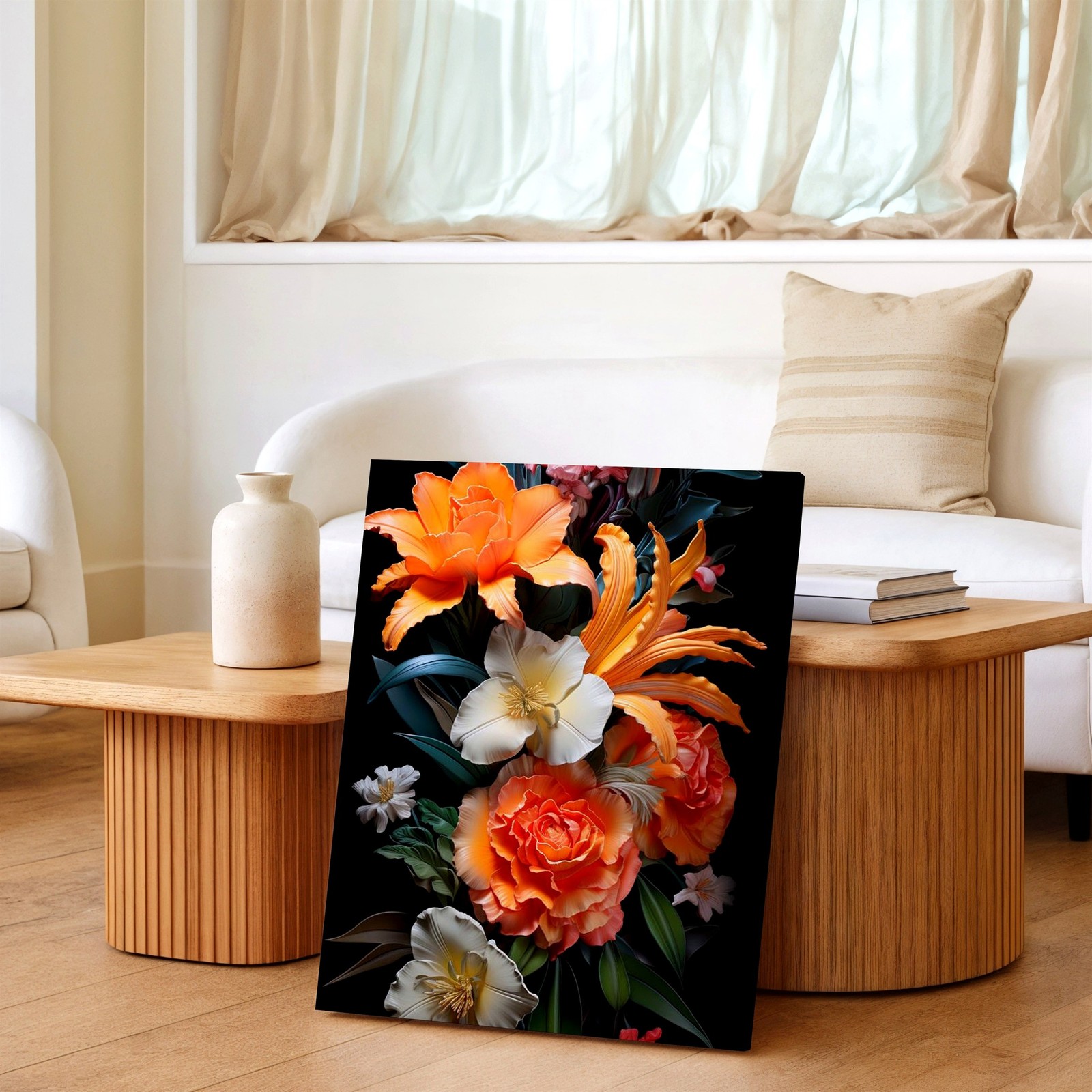 Wall Art Floral Bouquet Print Orange Lily Rose White Blossom Black Background