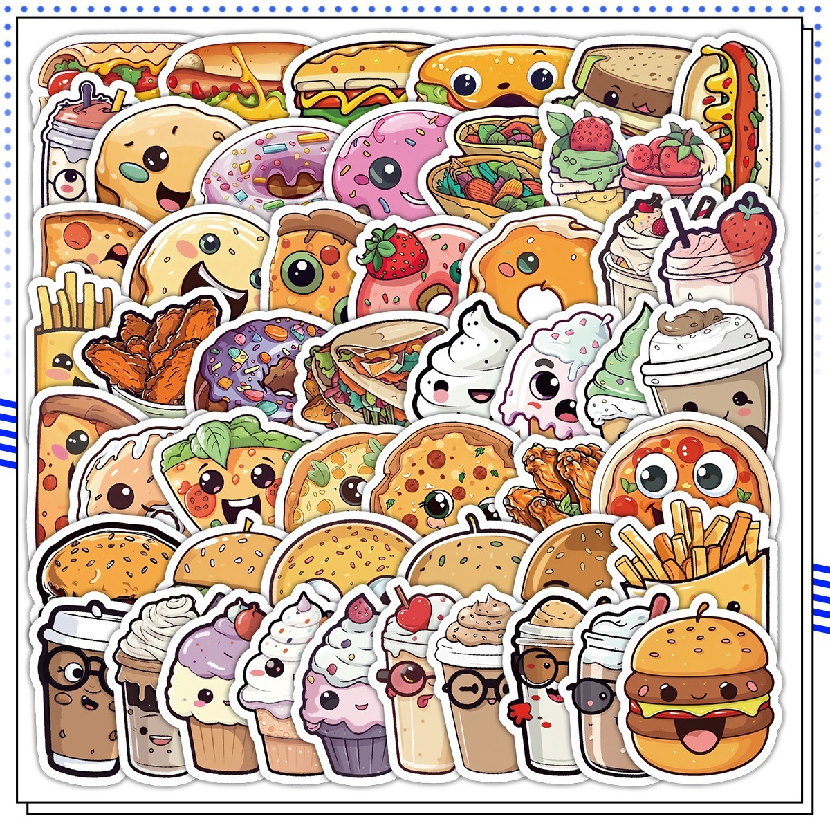 50pcs Waterproof Vinyl Stickers Donut Pizza Burger Luggage Phone Laptop Car