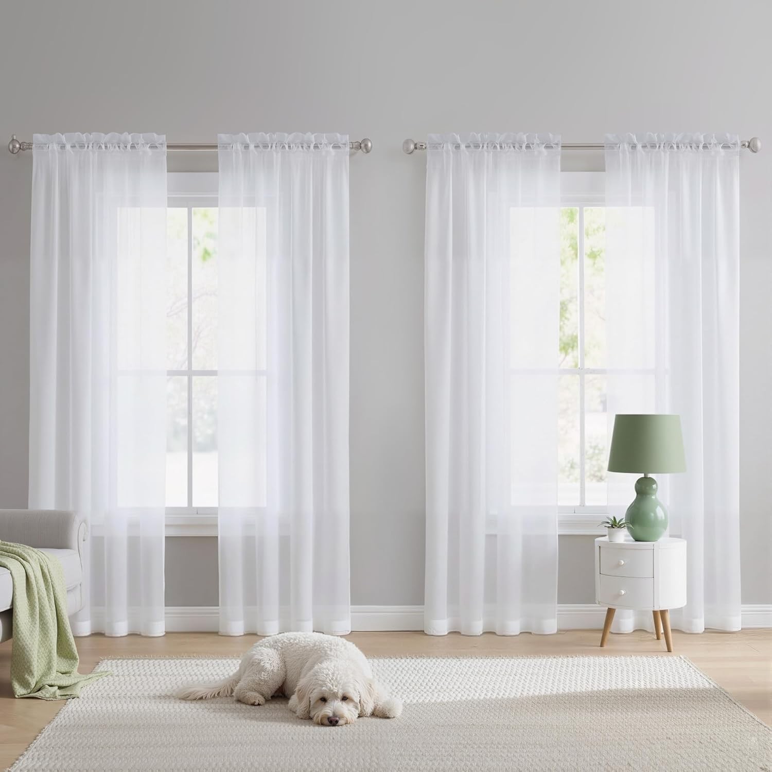 White Sheer Curtains 108 inches Long 4 Panels, 42 inch Wide Rod Pocket Light