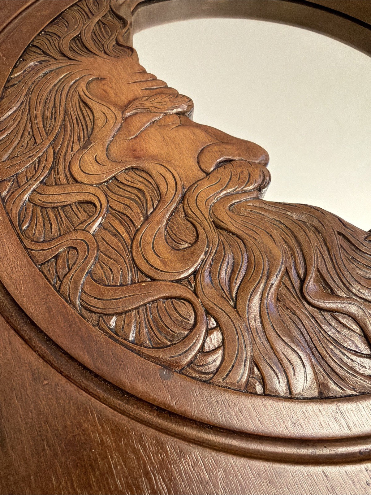 Vintage 1977 Hardin Signed 12″ Wood Carving Crescent Man in the Moon Wall Mirror