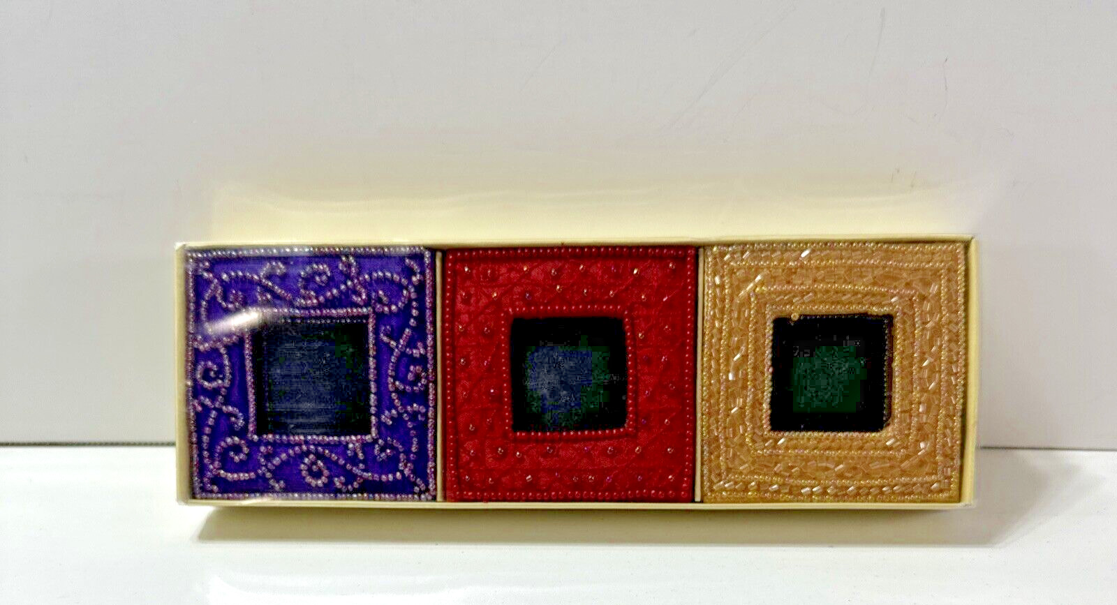 NEW OLD STOCK 3pk Pier 1 Imports Fabric Bead Design 1.5″X1.5″ Mini Photo Frames