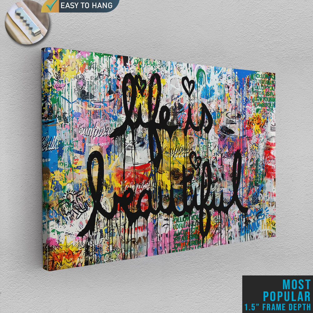 BANKSY Canvas Wall Art ” Life Is Beautiful ” Framed Canvas Wall Art Decor Print
