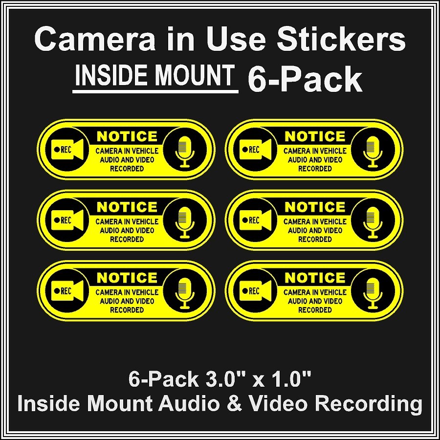 Camera in Car Recording Video 6-Pack INSIDE MOUNT Decals Black Yellow 3″ x 1″