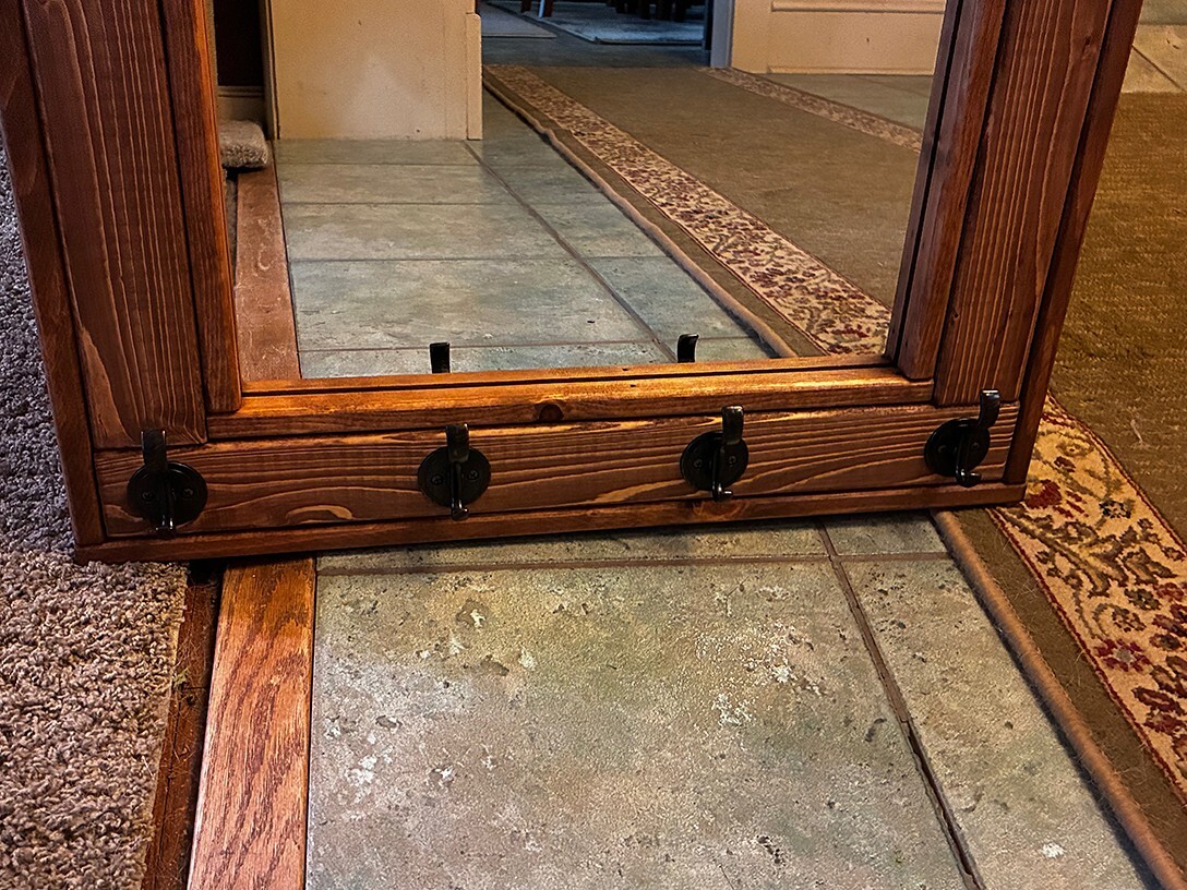 Herringbone Reclaimed Wood custom built mirror with 4 coat hooks: NEW IN BOX!