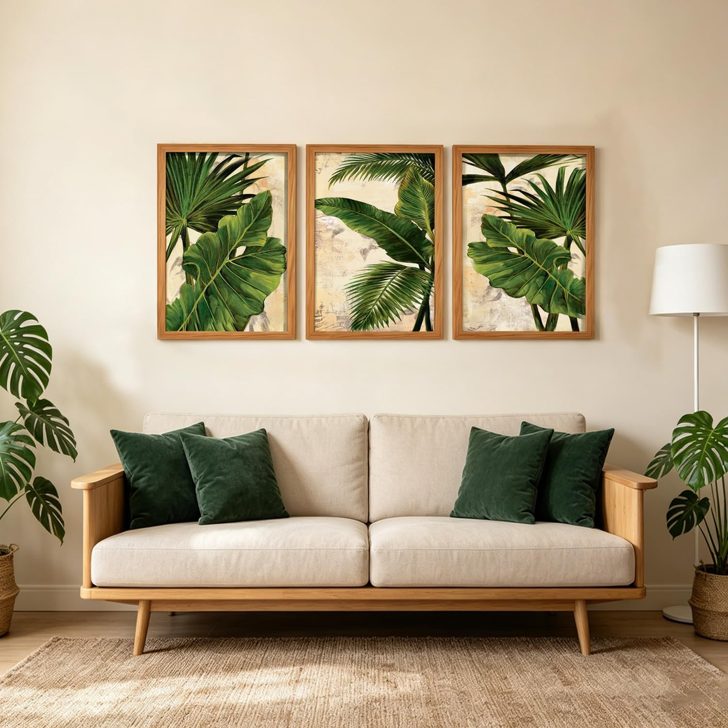 3 Pcs Tropical Palm Leaf Wall Art, Botanical Green Foliage Framed Canvas Paintin
