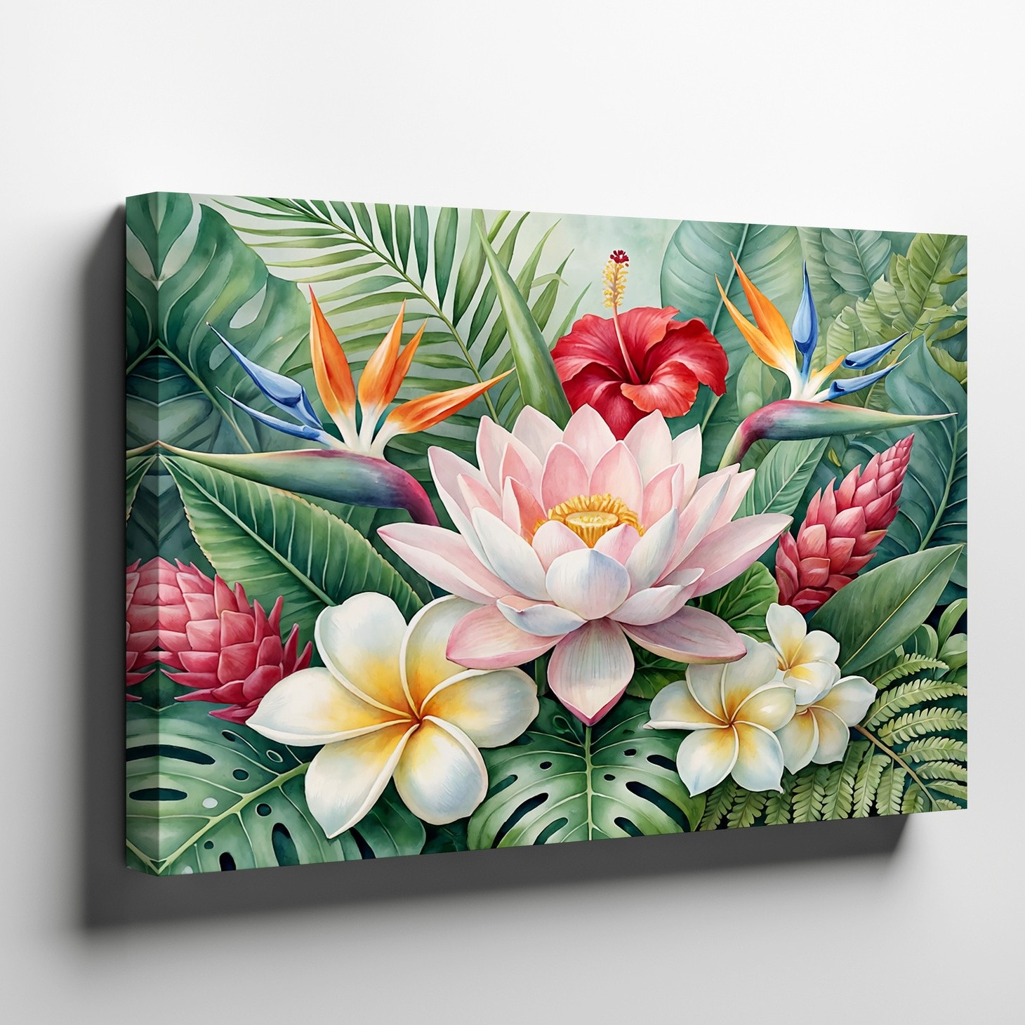Tropical Flower Canvas Wall Art with Lotus Hibiscus Plumeria & Bird of Paradise