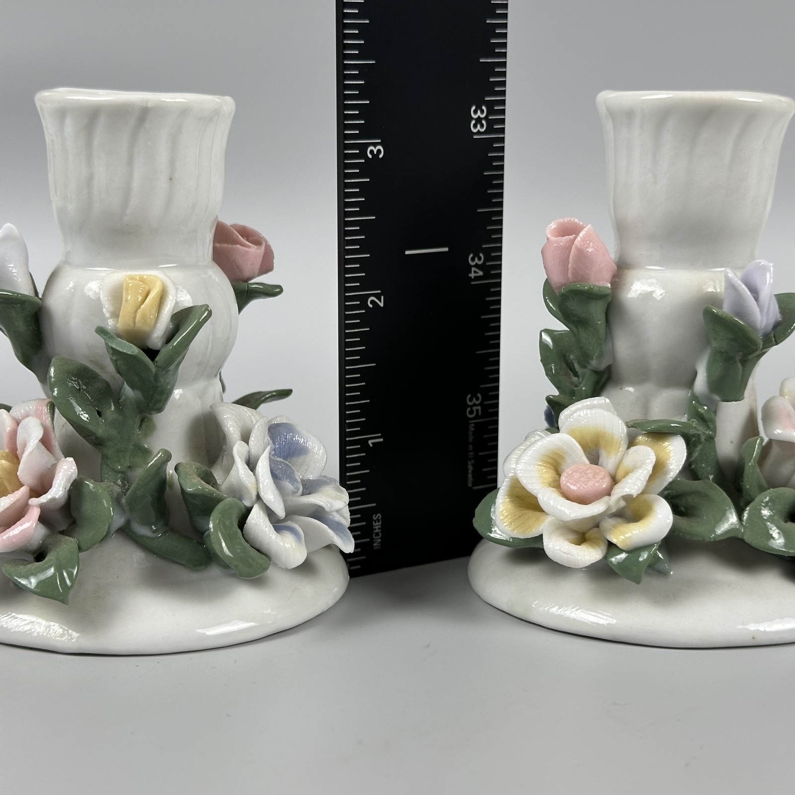 Vintage Ceramic Floral Candlestick Holders Set of 2 Pastel Flowers Made in China