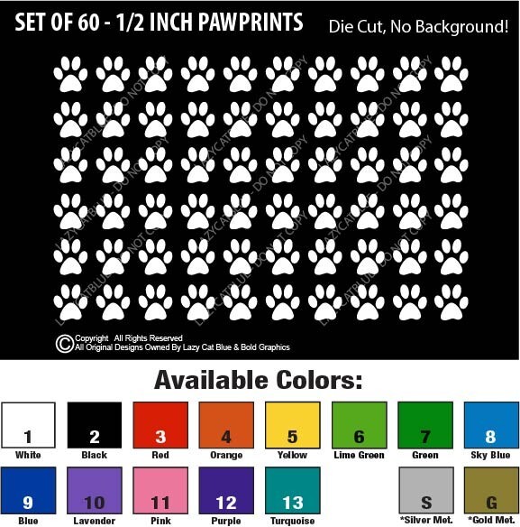 Set of 60 – 1/2 Inch Pawprint Decal Bundle Sticker Pet Dog Cat Paw Prints Small