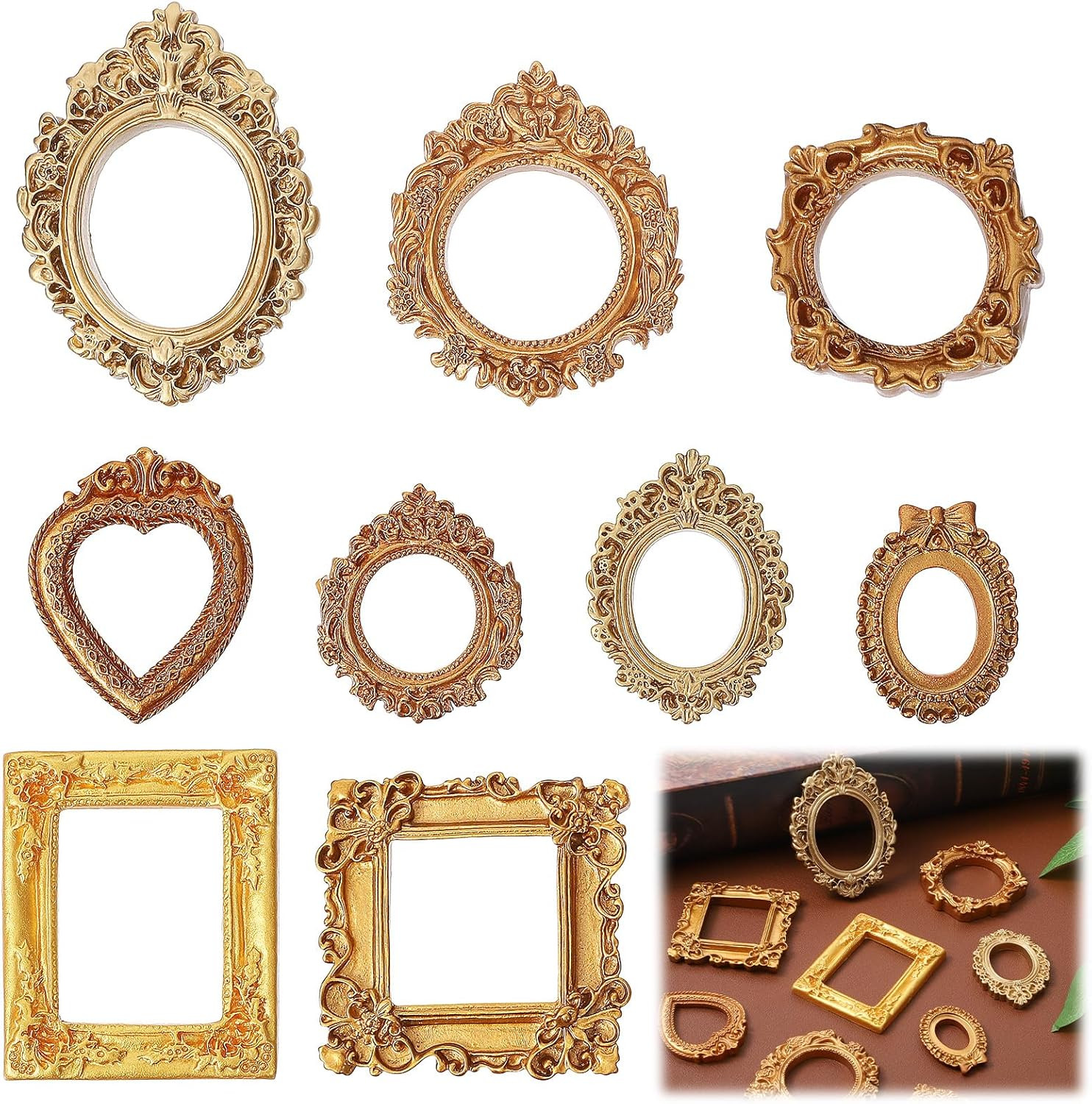 9PCS Mini Gold Frames, Small Gold Picture Frames, Oval Rectangle Antique Resin V