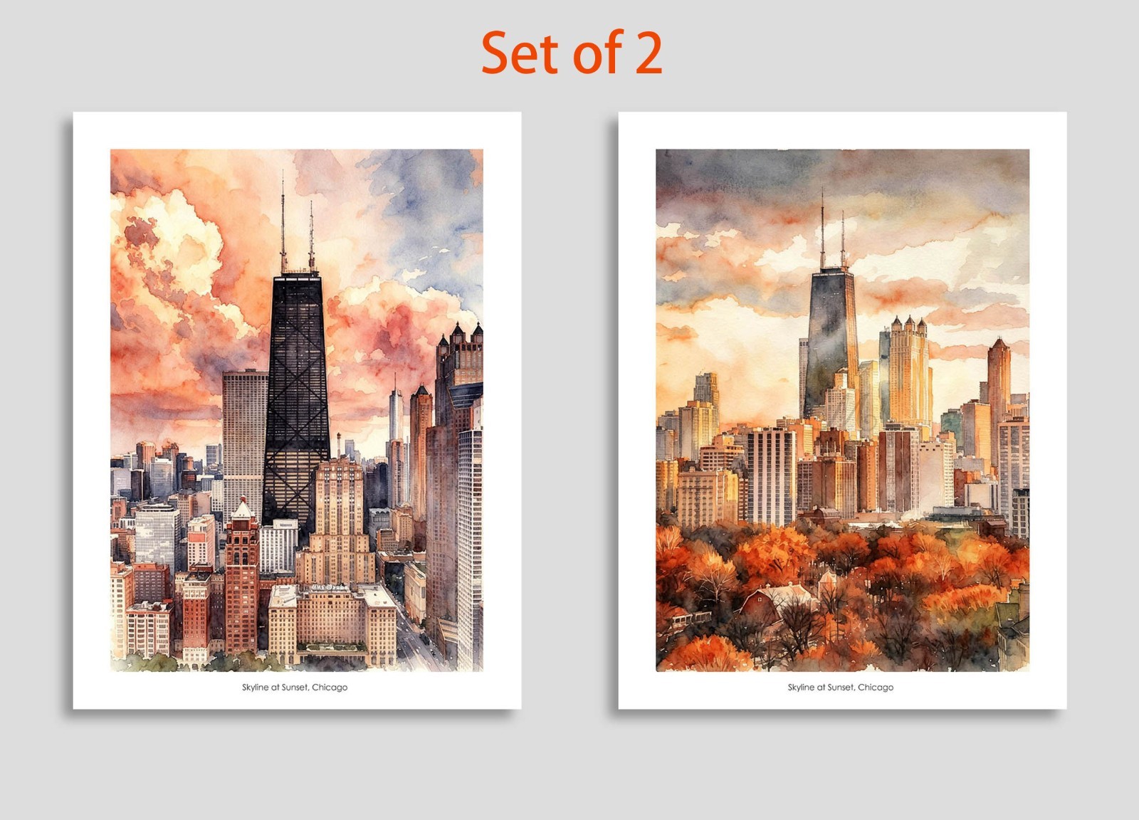 Set of 2 Chicago Skyline Lakefront Sunset Hancock Watercolor Giclee Print 12X16″