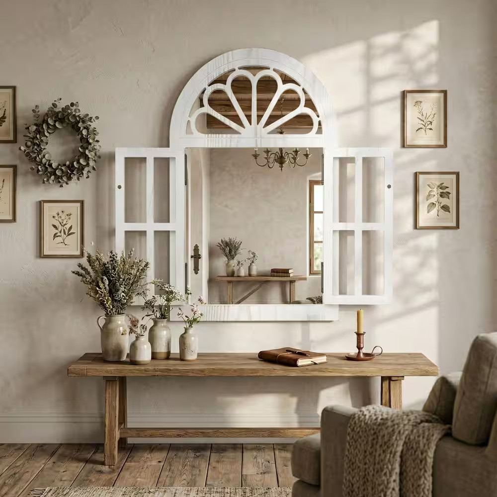 White 24 In. W X 36 In. H Solid Wood Arched Framed Windowpane Accent Mirror Wall