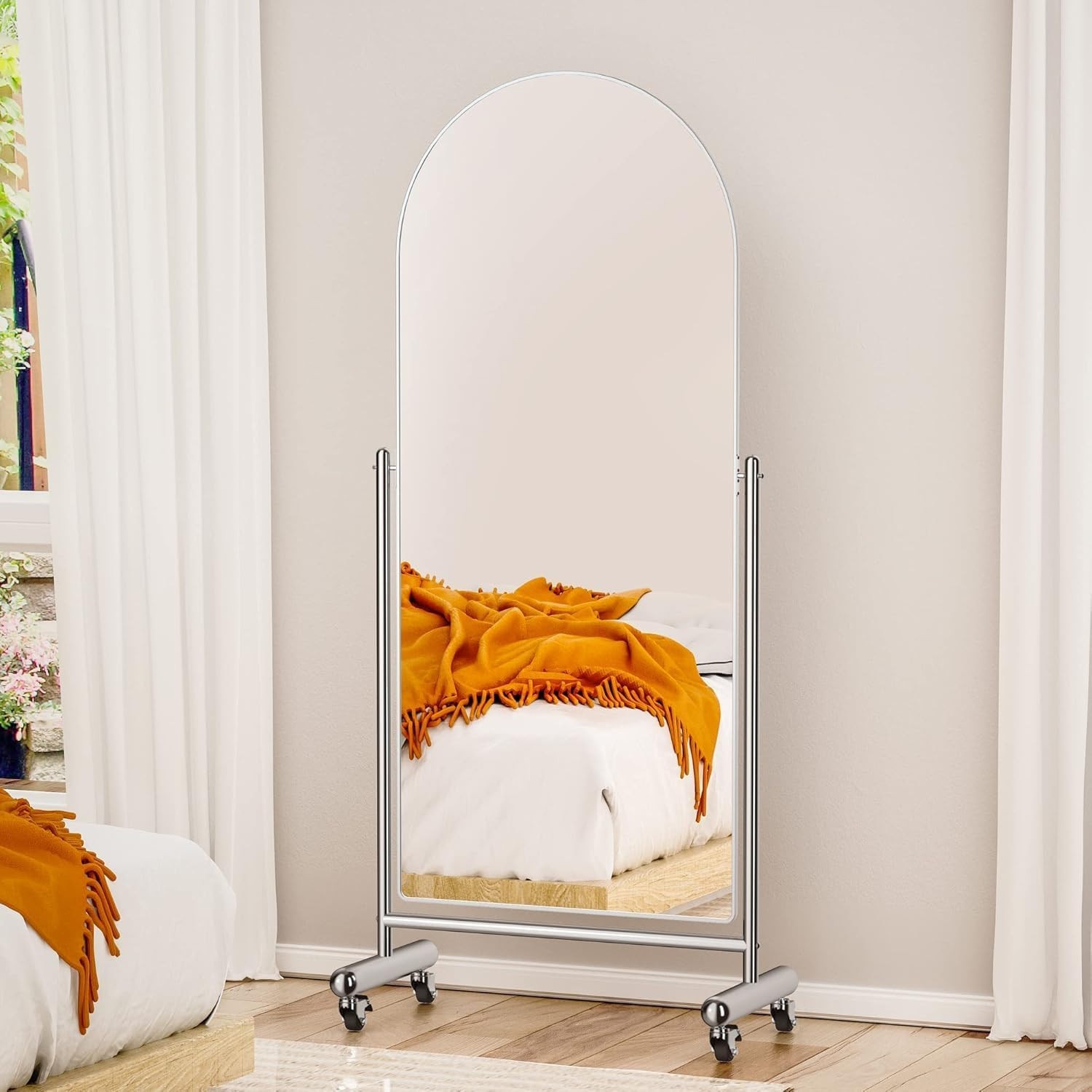 Large Arched Full Length Mirror on Wheels, Rolling Tilting Swivel Floor Mirror 6
